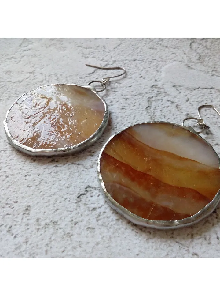 Stained glass brown earrings, Round stained glass, stainglass cute earrings, Dangle earrings, Geometric earrings
