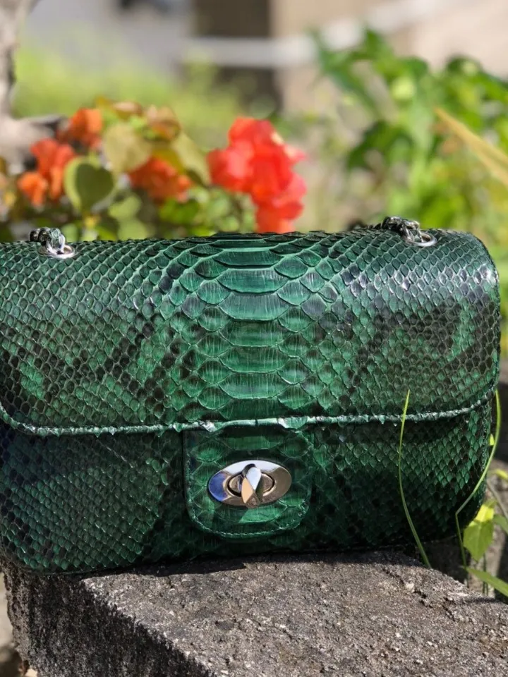 Genuine Python Skin Green Color Shiny Chain Bag | Shoulder Bag | Crossbody Bag | Green Leather Bag | Woman Classy Bag | Python Skin Bags
