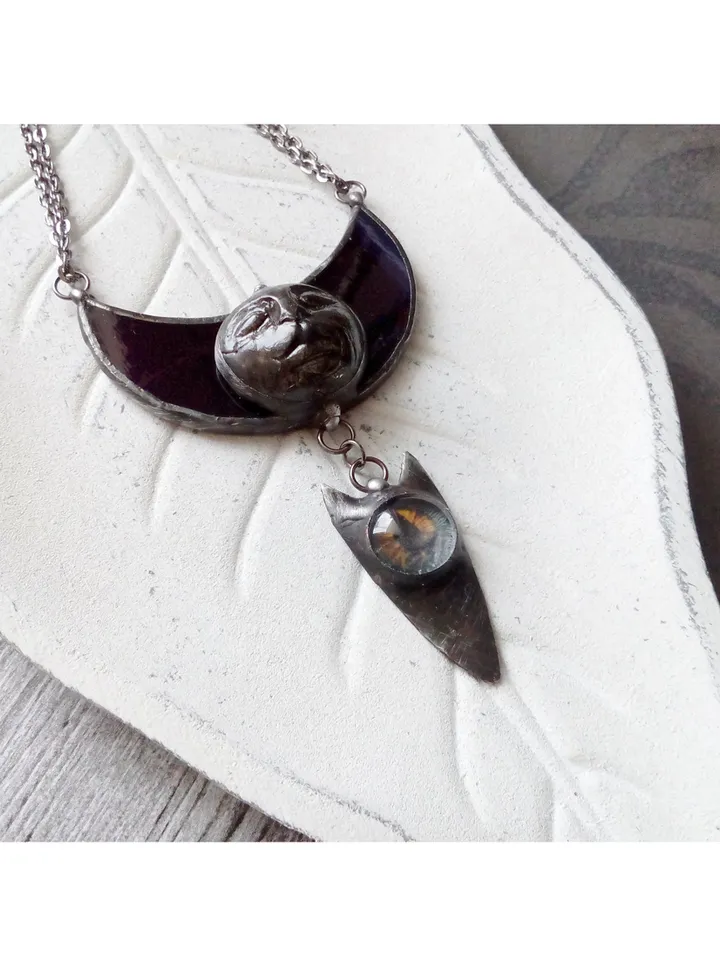 Moon crescent necklace, blood moon necklace, Moon Goddess, black Lilith, Halloween moon, witchy aesthetic, witch bat