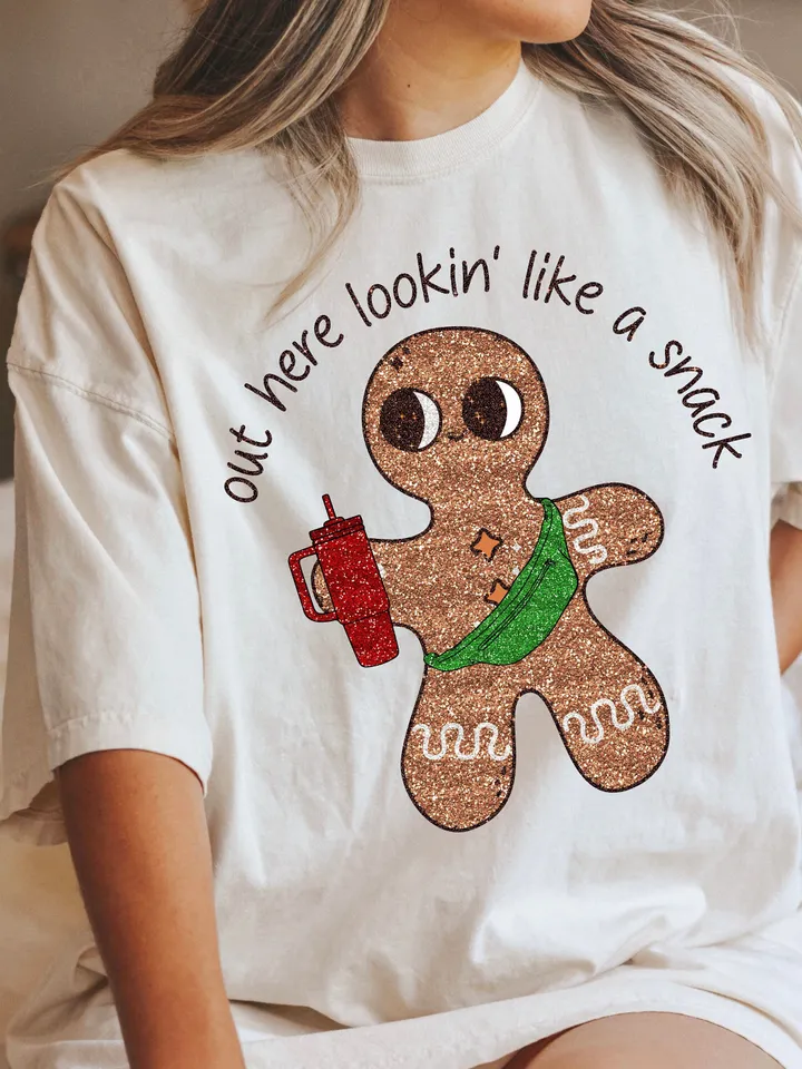 Sparkly Gingerbread Man PNG Christmas PNG Glitter Sequins Shirt Sublimation Design Out here Looking Like a Snack, Bougie png