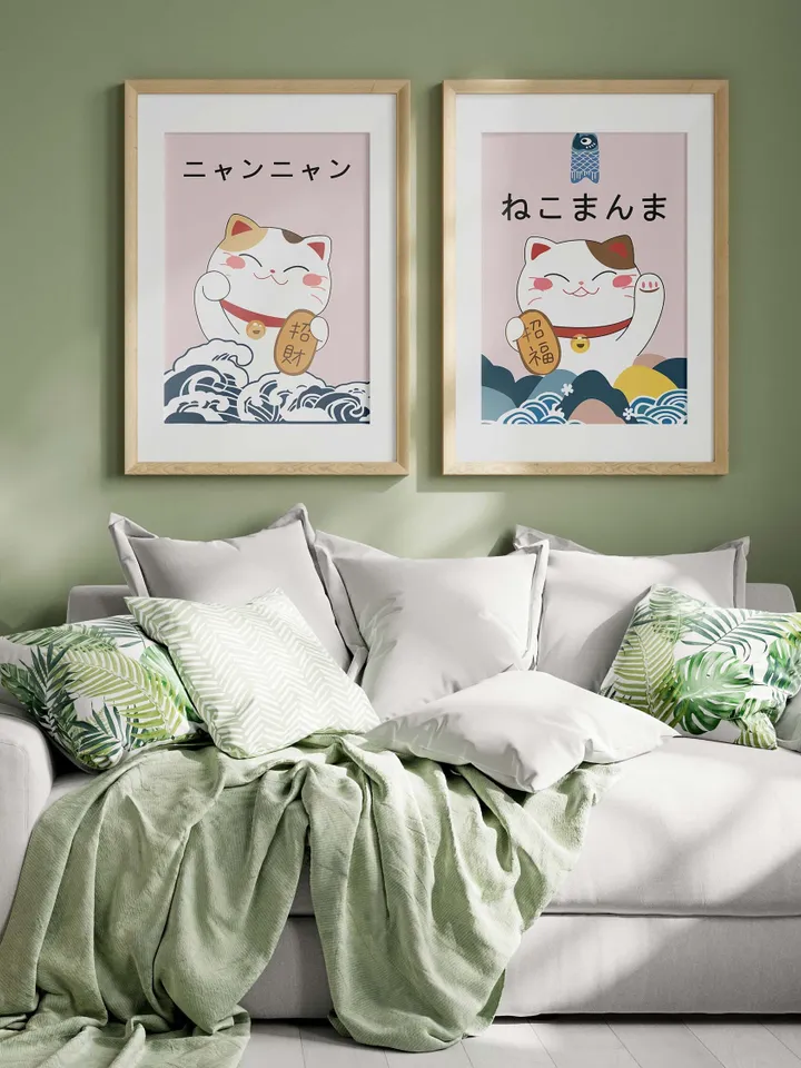 Japanese Style Poster Lucky Cat Printable Wall Art Cute Animal Art Print Modern Cartoon Wall Art Picture for living room Digital Home Decor