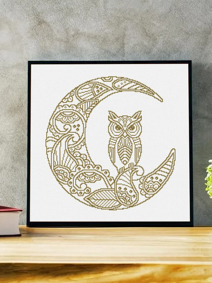 Crescent moon cross stitch pattern download PDF Mandala pattern PDF, Monochrome embroidery beginner, Owl cross stitch chart, Home decor #M95