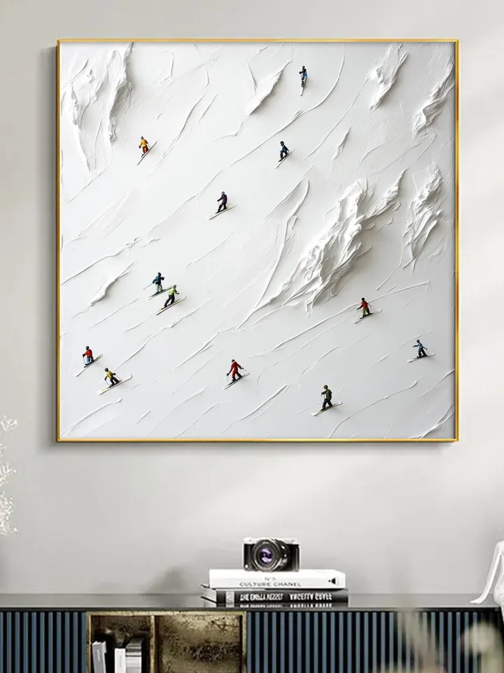 Skiers on the Slopes, 3D Impasto Winter Sports Art, Textured White Mountain Painting, Miniature Skiers Decor, Unique Gift for Ski Lovers