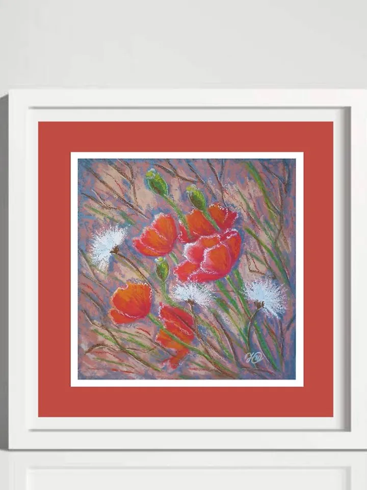Red Poppies Painting Wildflowers Original Art Meadow Drawing Oil Pastel Painting