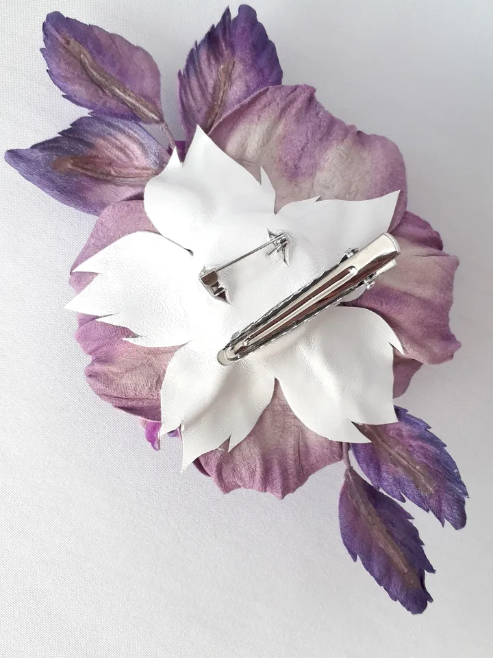 Lilac rose leather brooch 3rd anniversary gift for wife, Leather women's jewelry