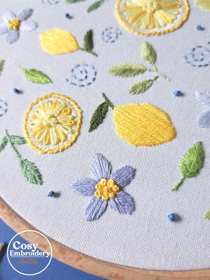 Floral Lemons Hand Embroidery Pattern Step-by-Step Tutorial for Beginners DIY Hoop Art Instant Download PDF Printable Pattern Unique Design