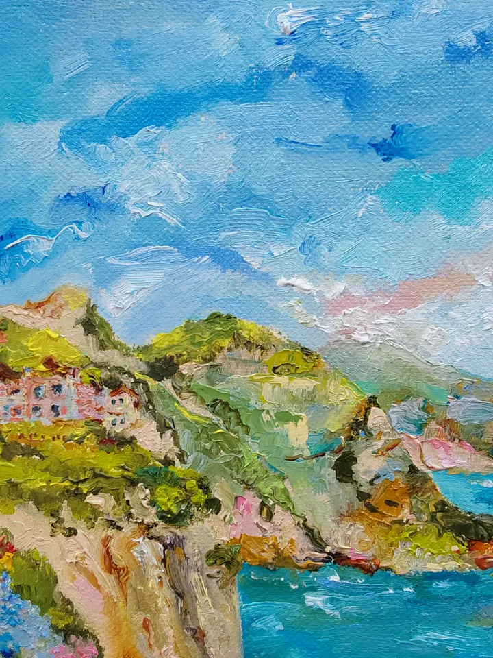 "Terrace overlooking the sea" oil painting on canvas 35x25cm (14x10 inch)