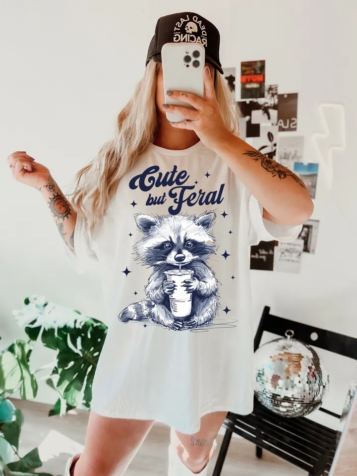 Cute But Feral Funny PNG Sarcastic Snarky Png Funny Raccoon Adult Humor Funny Sarcastic Quote Png Vintage shirt Retro SUBLIMATION ORIGINAL