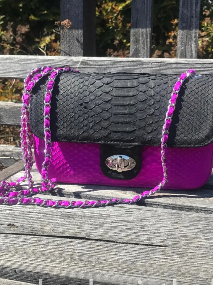 Genuine Python Skin Crossbody Chain Bag | Bright Summer Bag | Elegant Women Bag | Chain Strap Crossbody Black and fuchsia classy Purse