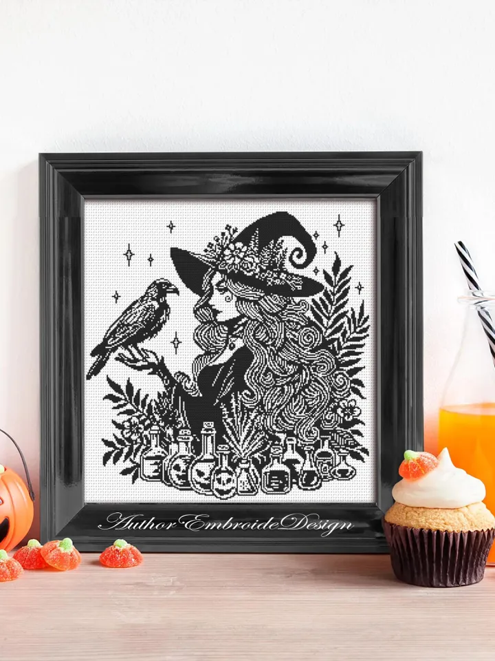 Halloween forest witch cross stitch pattern PDF download Halloween cross stitch chart monochrome, Gothic pattern digital PDF Black crow #H77