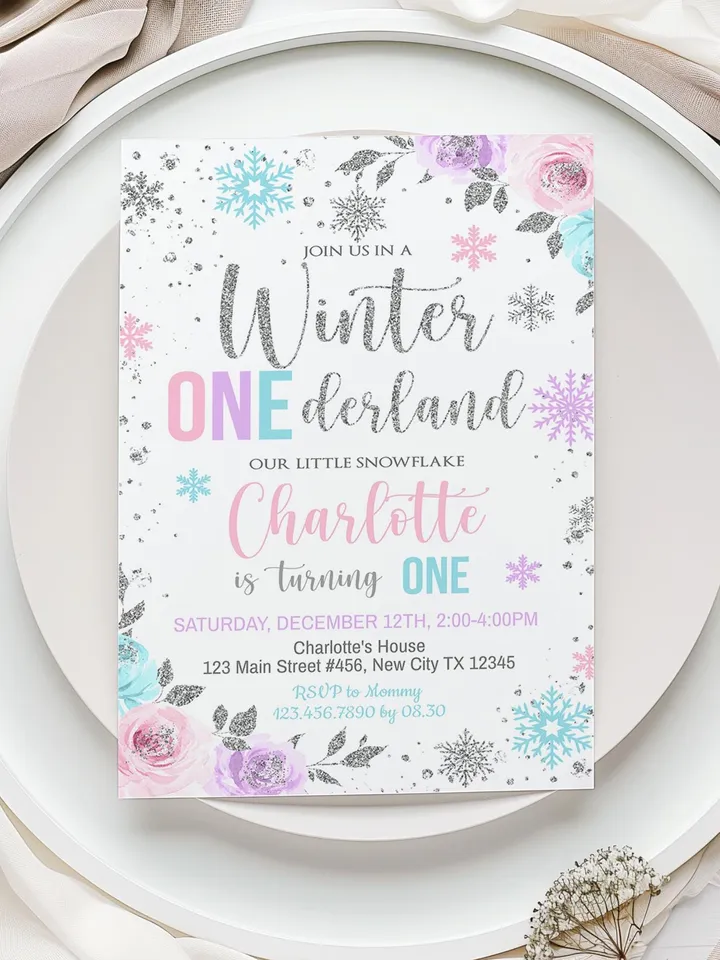 Winter Onederland Birthday Girl Invitation, Winter Wonderland 1st Birthday Invitation, First Birthday Snowflake Editable Template i098