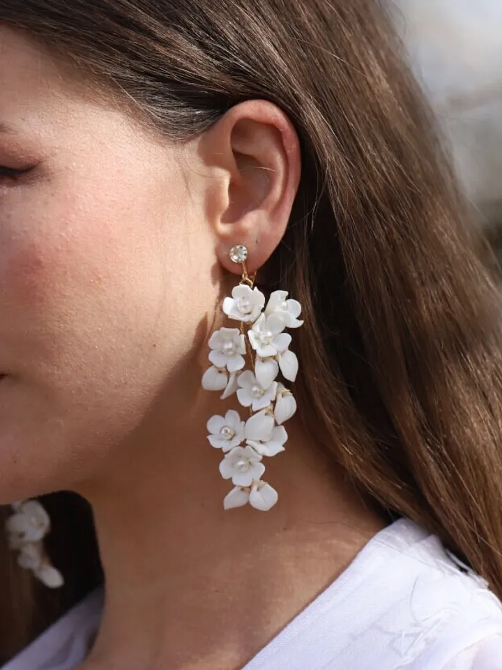AVRIL , Delicate Pocelain Flowers and Leaves Boho Statement Wedding Earrings, Floral Bohemian Bridal Earrings, Leaf Wedding Earrings