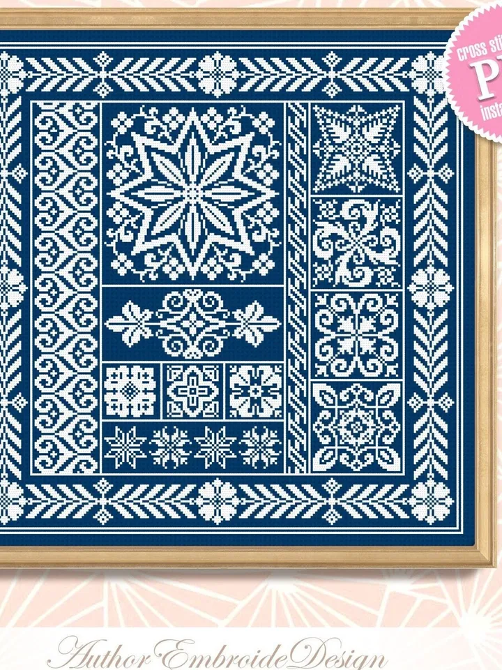 Quaker sampler cross stitch pattern PDF download Scandinavian floral ornament cross stitch chart, Monochrome cross stitch pillow #M203