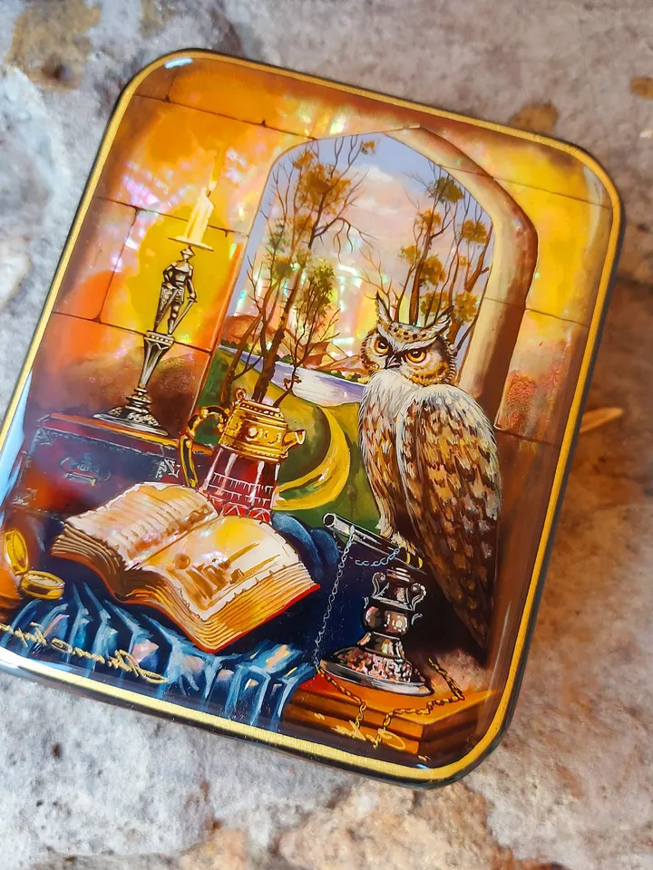 Beautiful Russian Lacquer Box "Learned Owl" Fedoskino Jewelry Box Hand Painted Miniature Painting Papier-mache Pearl Owl Box