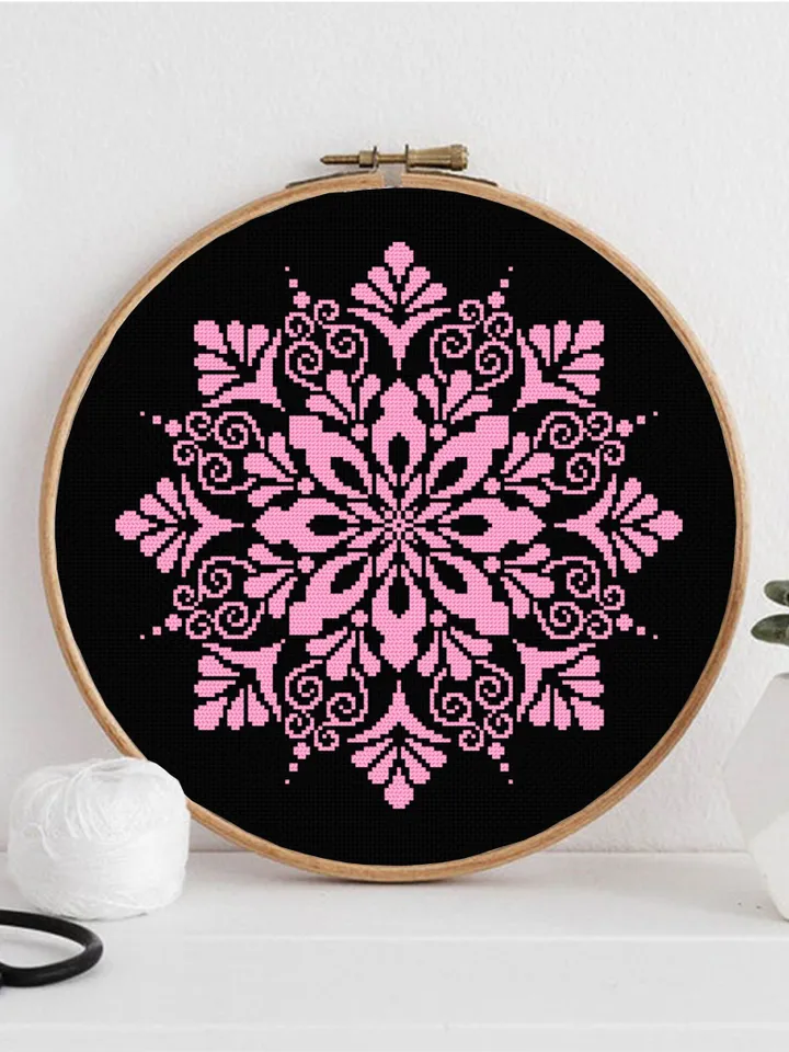 Easy mandala cross stitch pattern download PDF, Monochrome floral ornament cross stitch, Mandala pattern digital PDF, Beginner stitch #M91