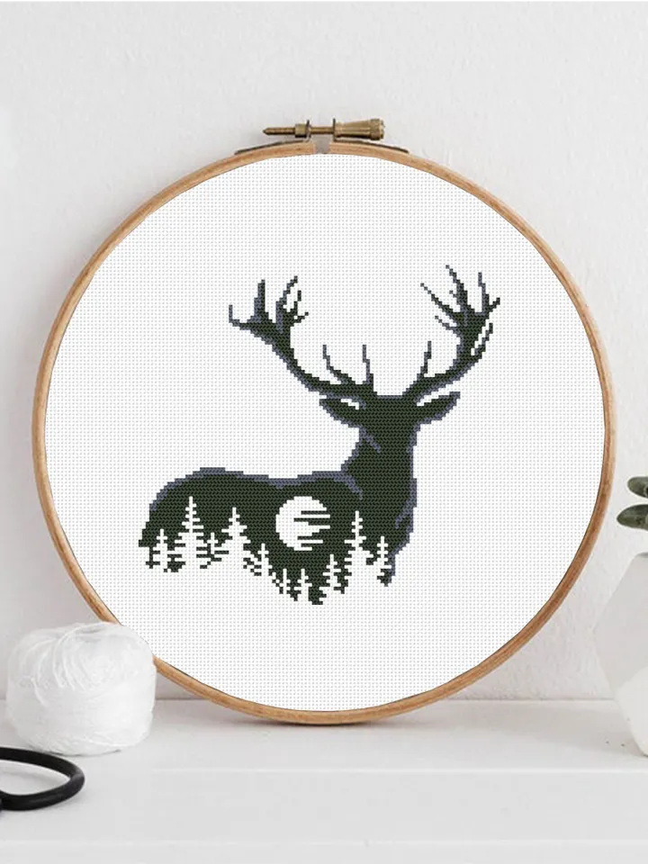 Deer silhouette cross stitch pattern download PDF Nature cross stitch chart, Deer hand embroidery PDF, Easy stitch beginner, Home decor #L52