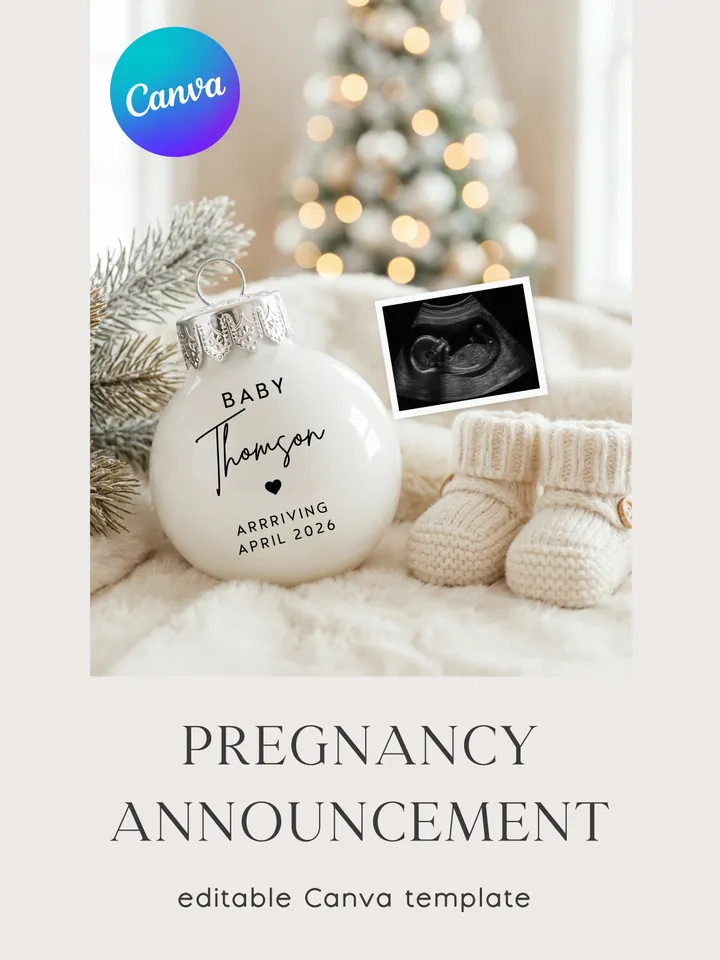 Christmas Pregnancy Announcement Canva Template | Baby Reveal | Editable Digital Download