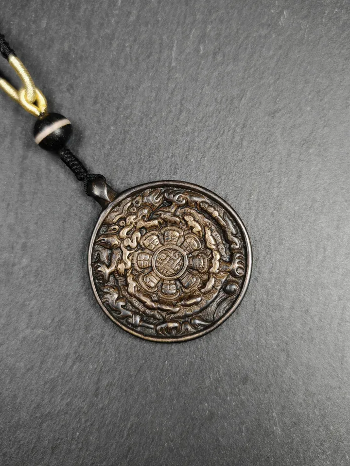 Gandhanra Vintage Tibetan Buddhist Calendar Amulet Black Sipaho Badge - Lima Brass Melong Mirror Protective Charm Feng Shui Pendant,43mm