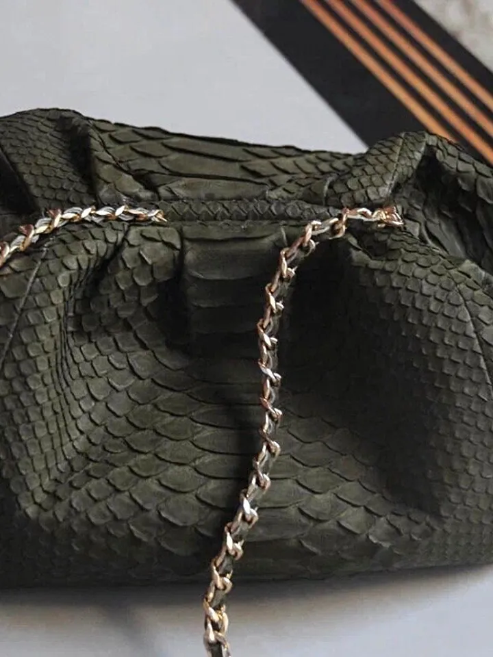 Genuine python skin khaki pouch bag | exotic leather bags | small size soft clutch | green designer bag | gift for her | classy purse