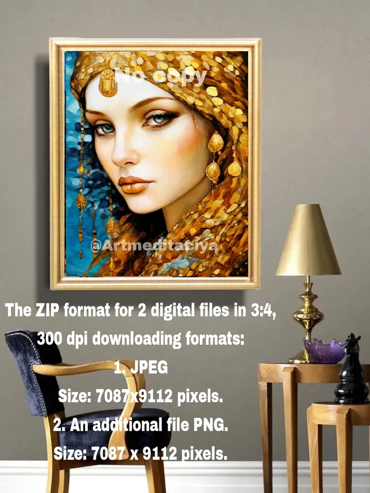 Digital abstract textural modern painting "Slavyanka with gray-green eyes in a gold textured ethnic cape" on an abstract blue-blue background in the style of pasty painting