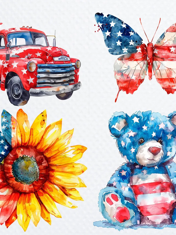 4th Of July Independence USA America Day Watercolor Clipart Bundle of 100 png Transparent Background, PNG for sublimation