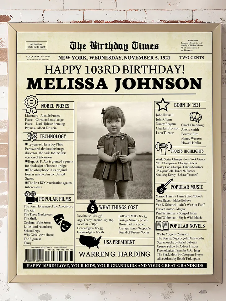 103rd birthday, 103rd birthday newspaper poster sign, custom gift for grandma, gift for grandma from granddaughter, unique gift for grandma