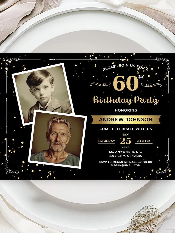 60th Birthday invitation with Photo | Adult Birthday Photo Invite | Mens birthday Black Gold landscape invitation card | Canva template