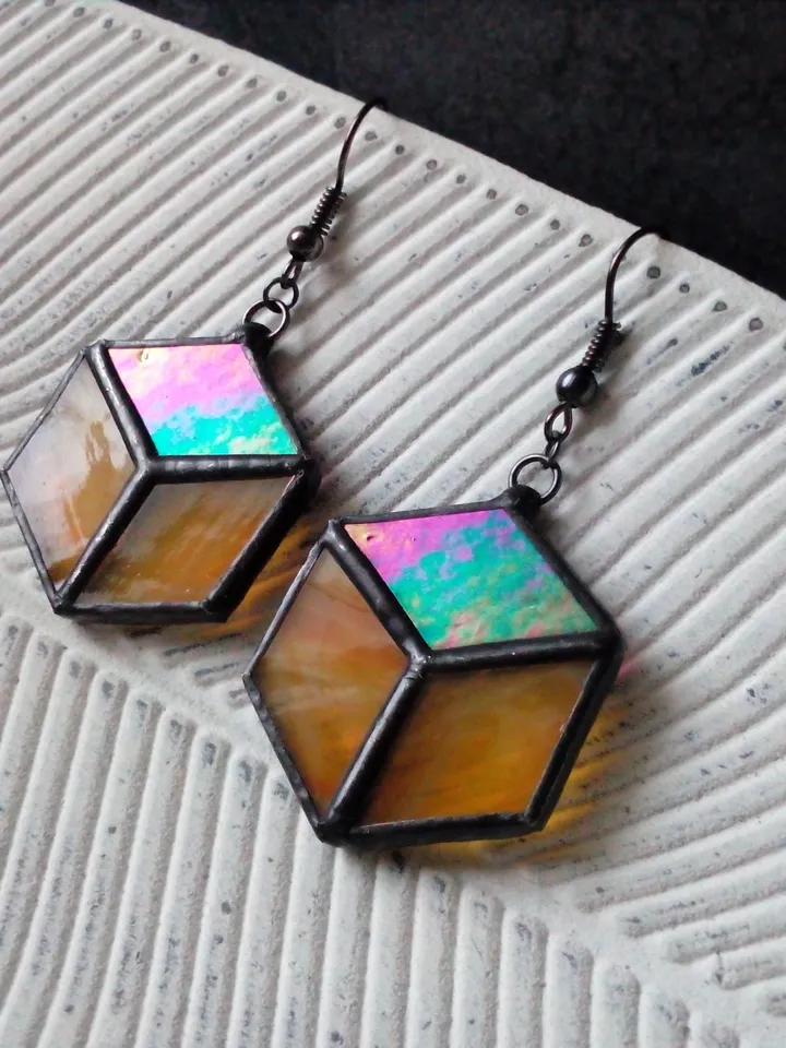 Cube hexagon geometric simple stained glass earrrings, honeycomb Iridescent earrings