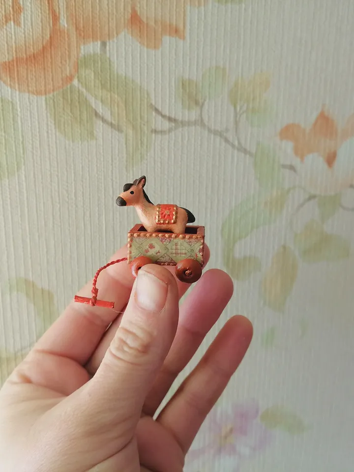 Donkey on a cart. A toy for a doll.1:12 scale.