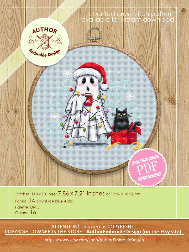 Christmas ghost with black cat cross stitch pattern PDF instant download Cute ghost cross stitch chart, Christmas pattern digital PDF #N151