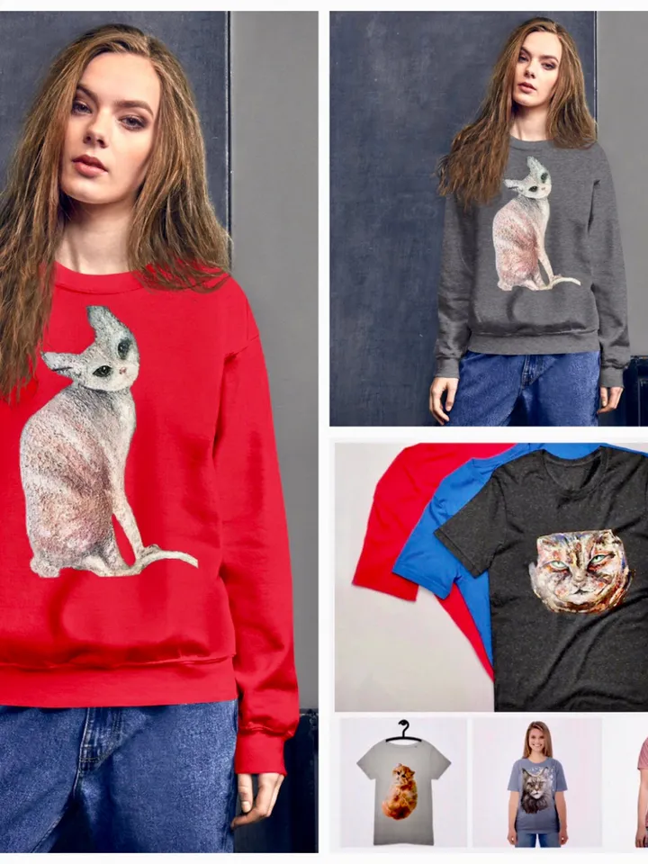 Mystery cat Unisex Sweatshirt made with my original unique mix media painting,cats t shirts, unique designer shirts,gifts for her.