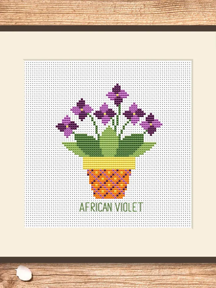 African Violet Cross Stitch Pattern, Flower Cross Stitch Pattern, Embroidery African Violet, Flowers xStitch, Potted Flowers xStitch #flw003