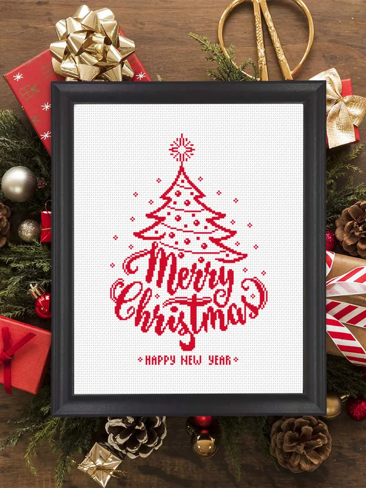 Christmas tree cross stitch pattern download PDF, Merry Christmas pattern digital, Monochrome embroidery beginner, Easy xmas stitch #N74