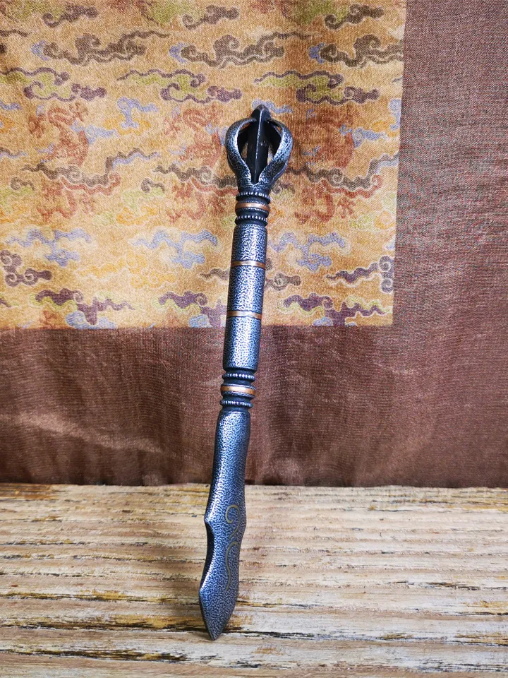 Gandhanra Handmade Tibetan Buddhist Ritual Implement - Kila -Dorje Phurba,Made of Cold Iron inlaid with Copper,5.1"
