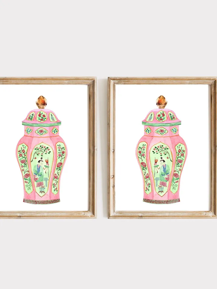 Pink Chinoiserie Ginger Jar Vase Set Of 2 Vintage Living room Wall Art Pagoda Porcelain Vases Apartment Art Print Living Room Wall Art Print