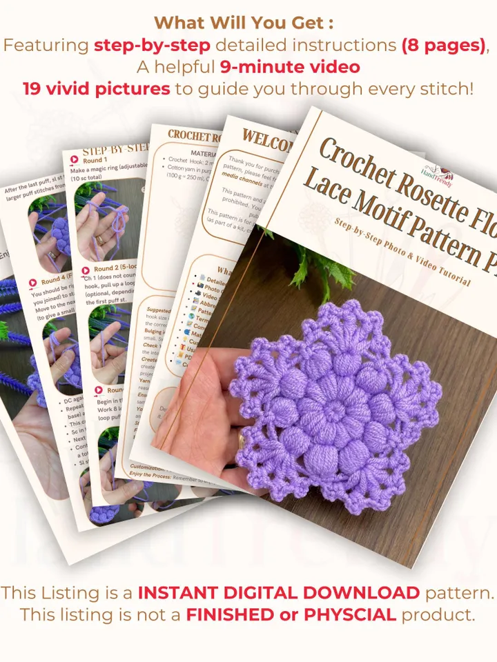 Crochet Rosette Flower Lace Motif Pattern PDF, Vintage-Inspired Floral Tutorial, DIY Coaster, Appliqué, or Home Decor