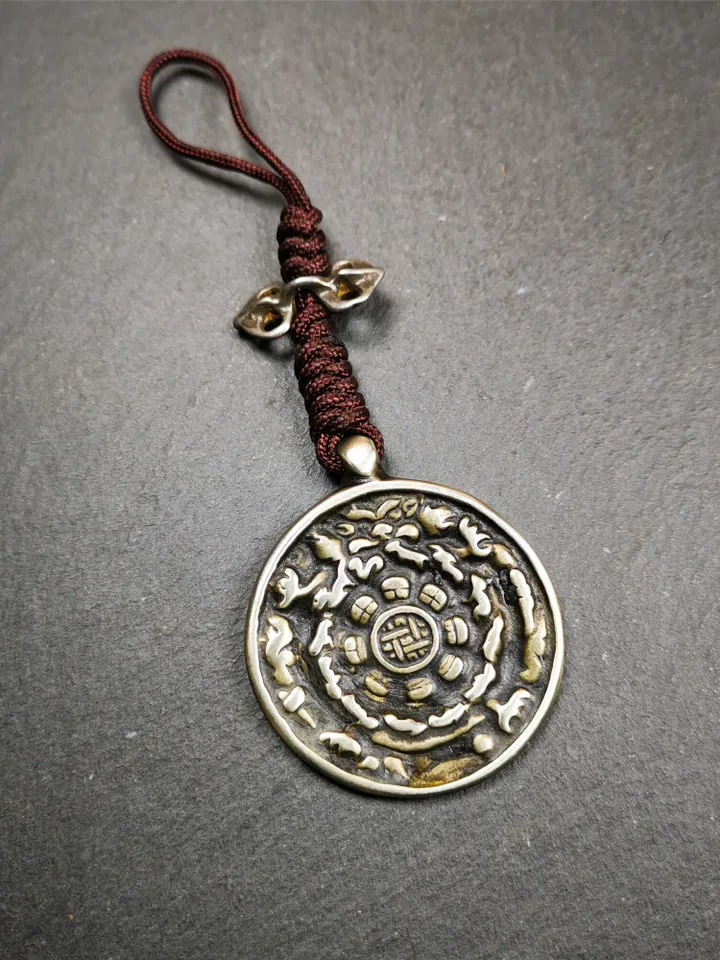 Gandhanra Antique SIPAHO(srid pa ho) Amulet, Tibetan Buddhist Astrology Badge,12 zodiac Melong Mirror, Jiugong Bagua Badge,20 Years Old