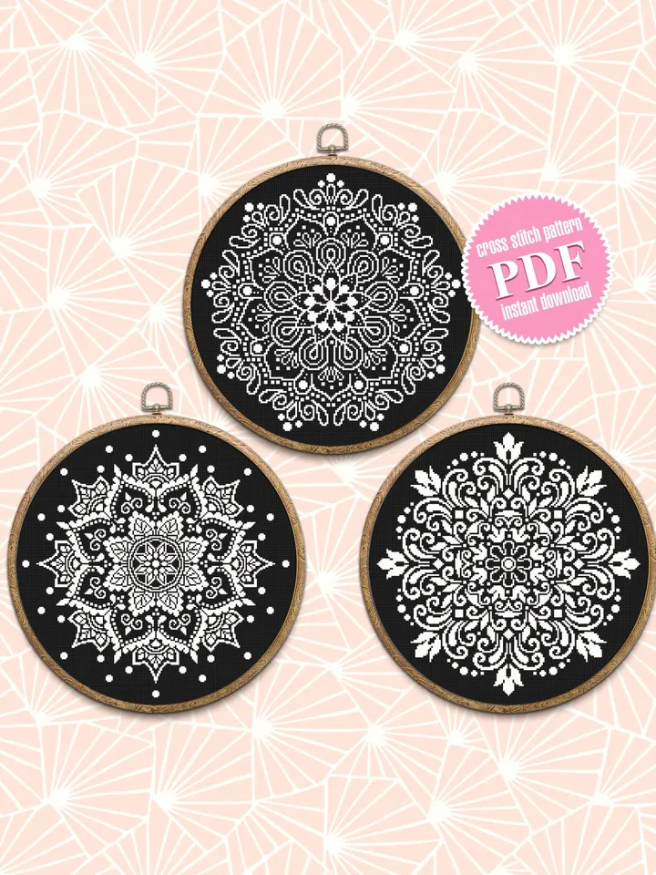Flower mandala set cross stitch pattern download pdf Floral cross stitch chart Home decor Modern beginner stitch Floral mandala digital #S64