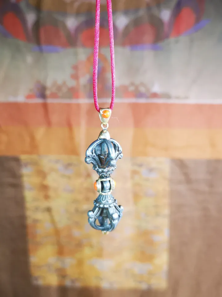 Gandhanra Tibetan Buddhist Amulet,Dorje Vajra Pendant, Made of Cold Iron,Inlaid with Agate,2.0&quot;