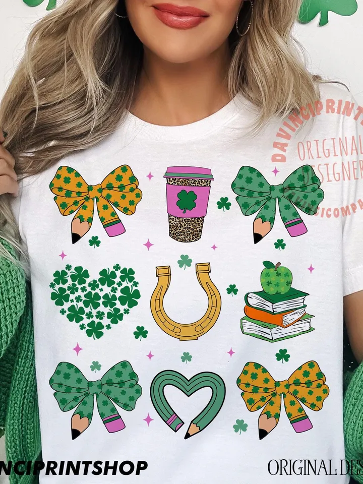 Teacher St Patrick Coquette Pencil Bow png, St Patricks Teacher png, Retro Teacher Gift, Teacher St patricks Shirt design, Teacher png file