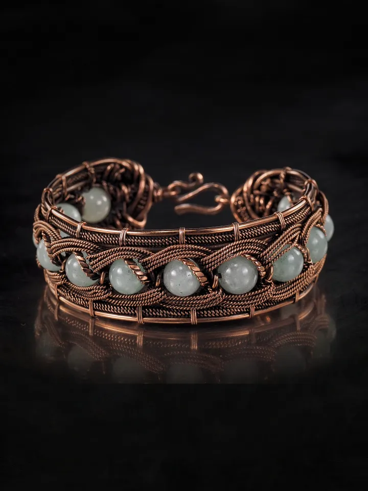 Copper wire wrapped chalcedony bracelet Unique woven copper wire bangle