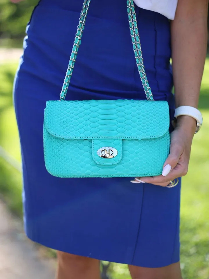 Genuine python skin MIDI bag tiffany color, leather turquise color bag, colorful classy chain bag, elegant crossbody bag leather handmade