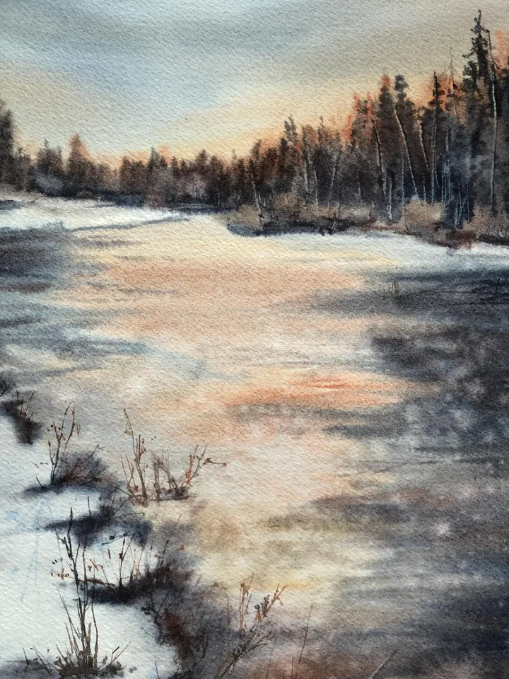 Landscape Original Painting Watercolor River Wall Art Winter Landscape
