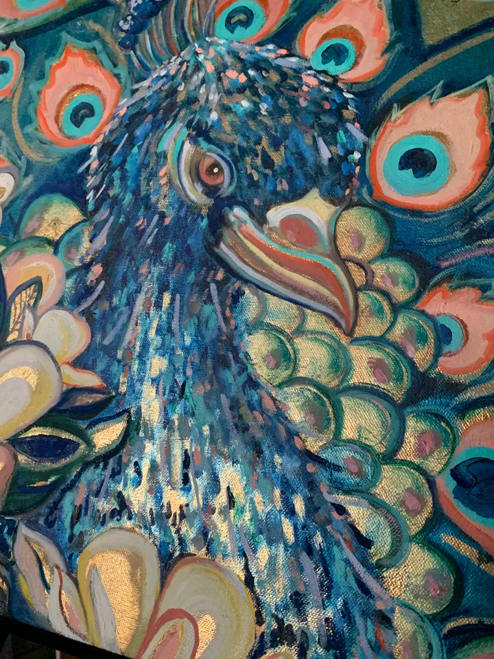 Peacock on gold original oil painting on canvas 19,6x19,6 inches