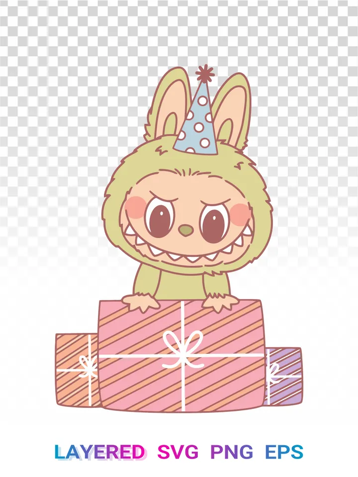 Labubu Birthday Surprise PNG SVG, Party Hat Kawaii Gift