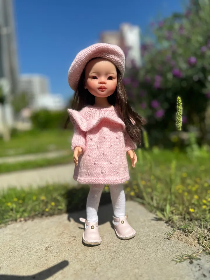Paola Reina Doll 4 ITEMS Set: Exclusive Handmade Outfit - Beret, Dress, Tights, Shoes