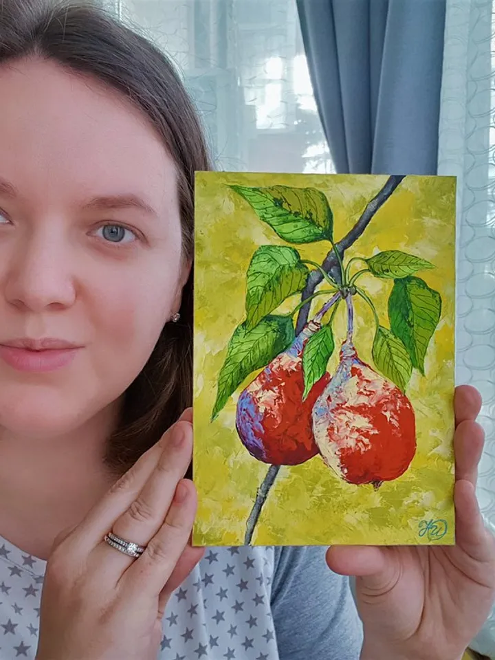 Pear Painting Fruit Original Art Food Wall Art Kitchen Small Oil Painting