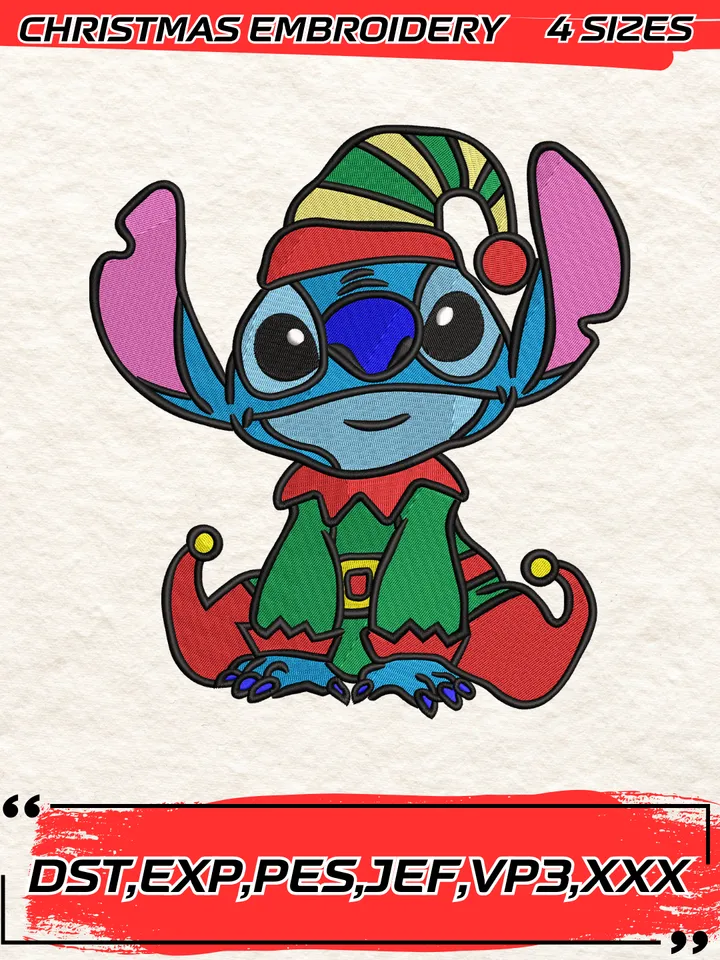 Stitch Elf Embroidery Design,Christmas Elf Embroidery Design Digitized Pattern,Christmas Embroidery Design,4 Sizes,Digital Download