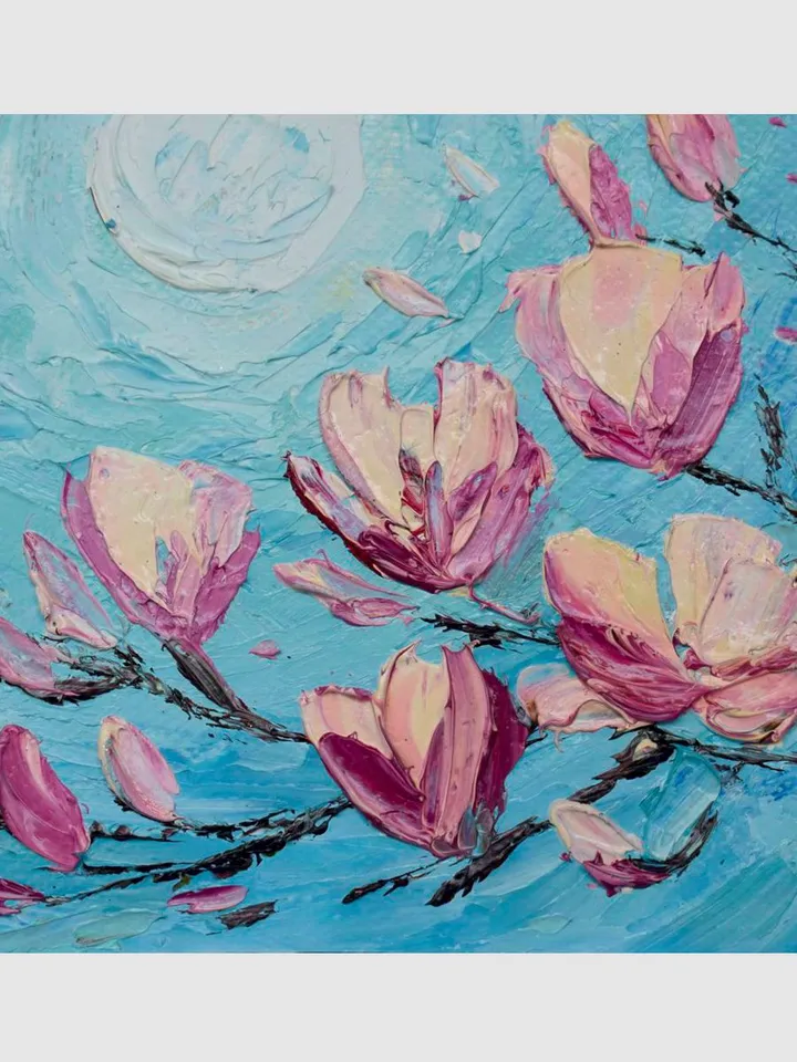 Magnolia painting Flower Small artwork Full moon night Original Art Flowering branches painting by Juliya JC