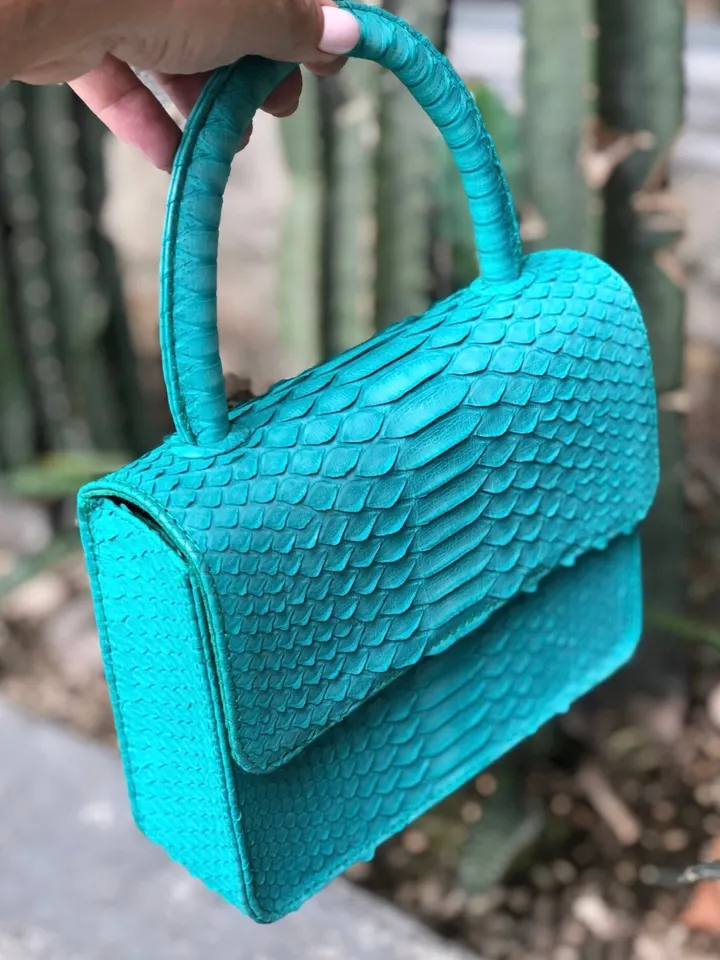 Genuine python skin small cute top handle bag | summer bags | Exotic leather bags | bright turquise hand bag | designer handle womenbag